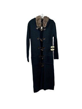 Cliche' Couture Wool Blend Knit Duster Faux Fur Trim Hooded Navy/Multi Toggles M